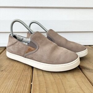 OluKai Pehuea Heu Nubuck Leather Shearling Lined Slip On Sneakers Tan Womens 8